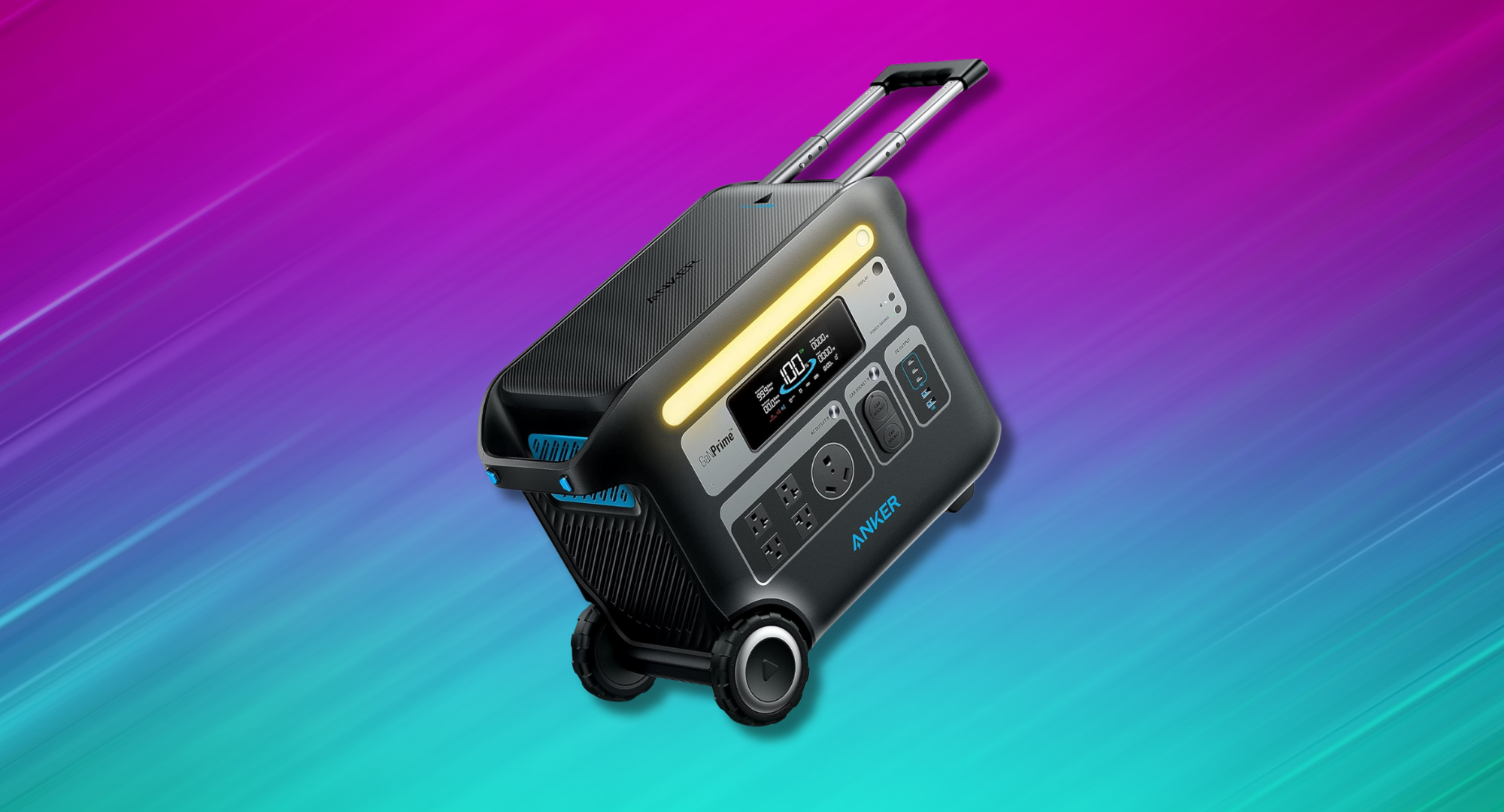 An Anker SOLIX F2000 portable power station is shown at an angle against a vibrant purple and teal background. 