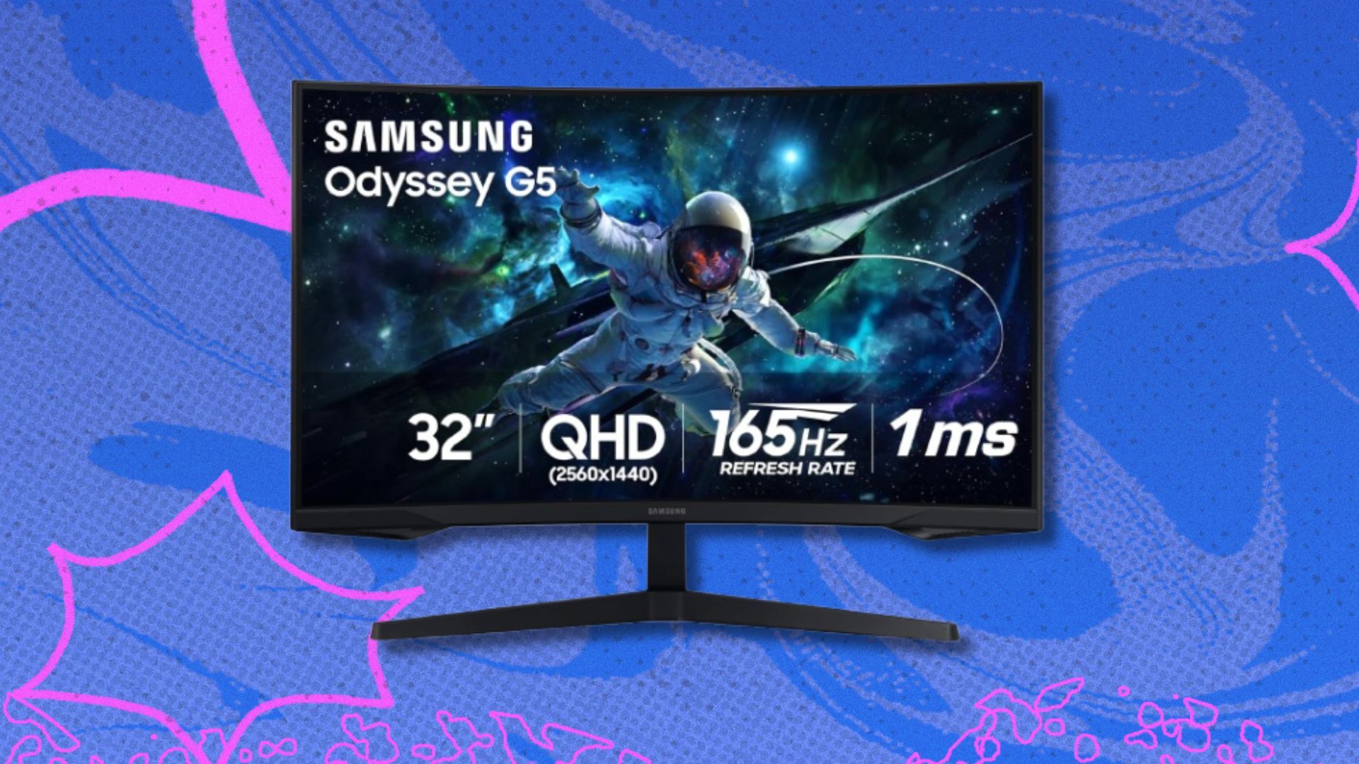 the Samsung Odyssey curved gaming monitor on a blue and pink background