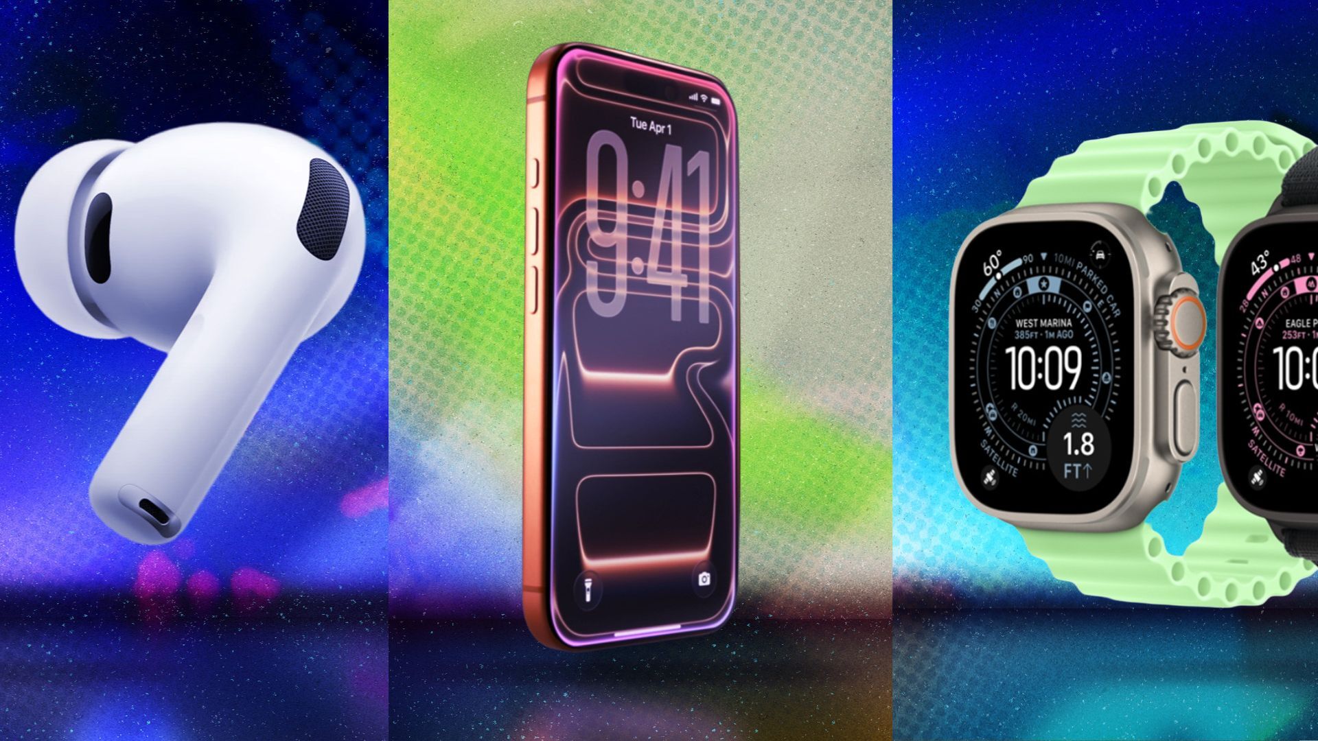 Side by side of Airpods Pro 3, iPhone 17 Pro, and Apple Watch Ultra 3