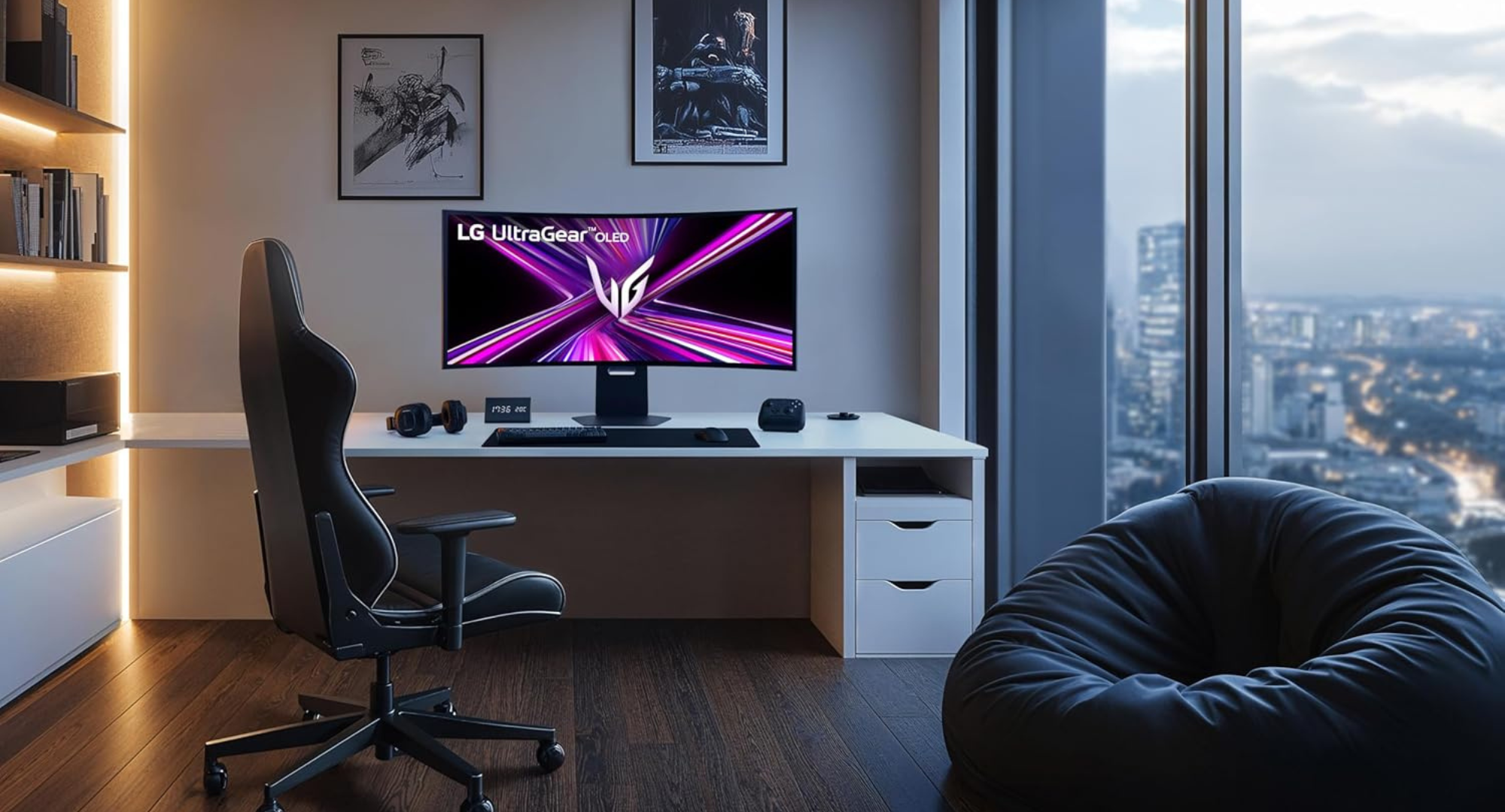 The LG 45-inch gaming monitor sitting on top of a white desk in a modern room with a city view.