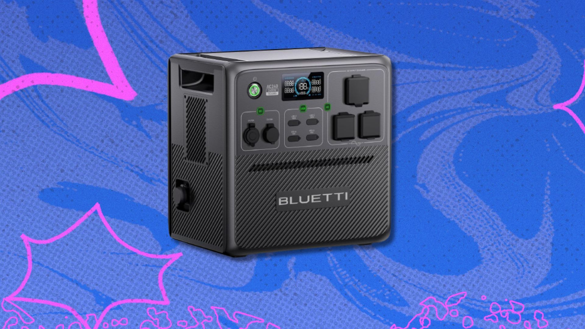 the Bluetti pioneer 150 portable power station on a blue background with bright pink accents