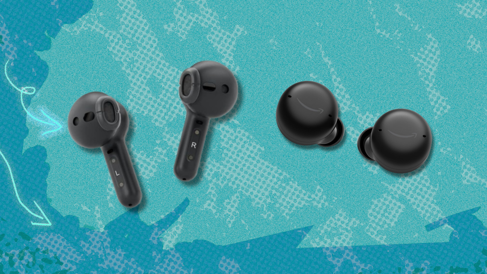 Amazon Echo Buds and Echo Buds with ANC with teal textured background