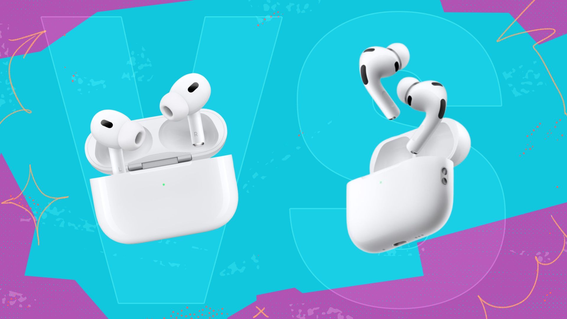 vs graphic background with apple airpods pro 2 and airpods pro 3 side by side