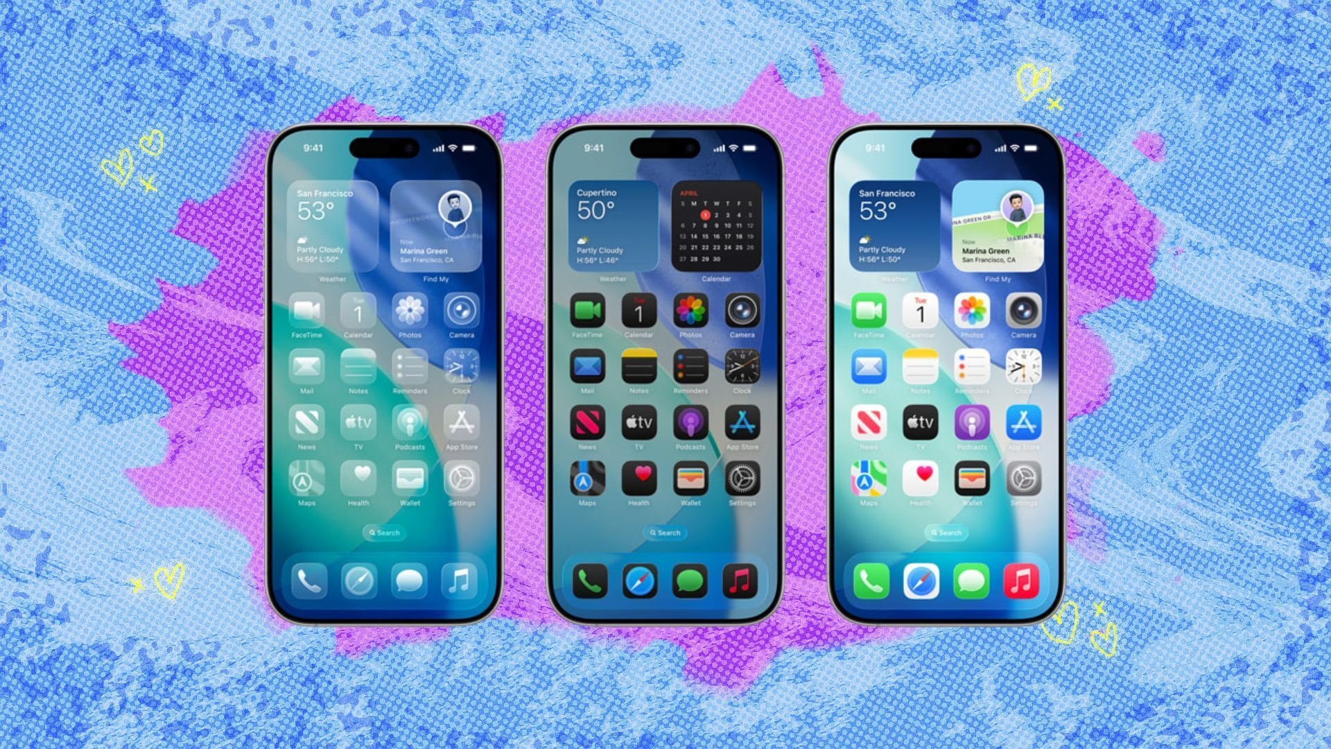 Three different design options for iOS 26's Liqued Glass are shown