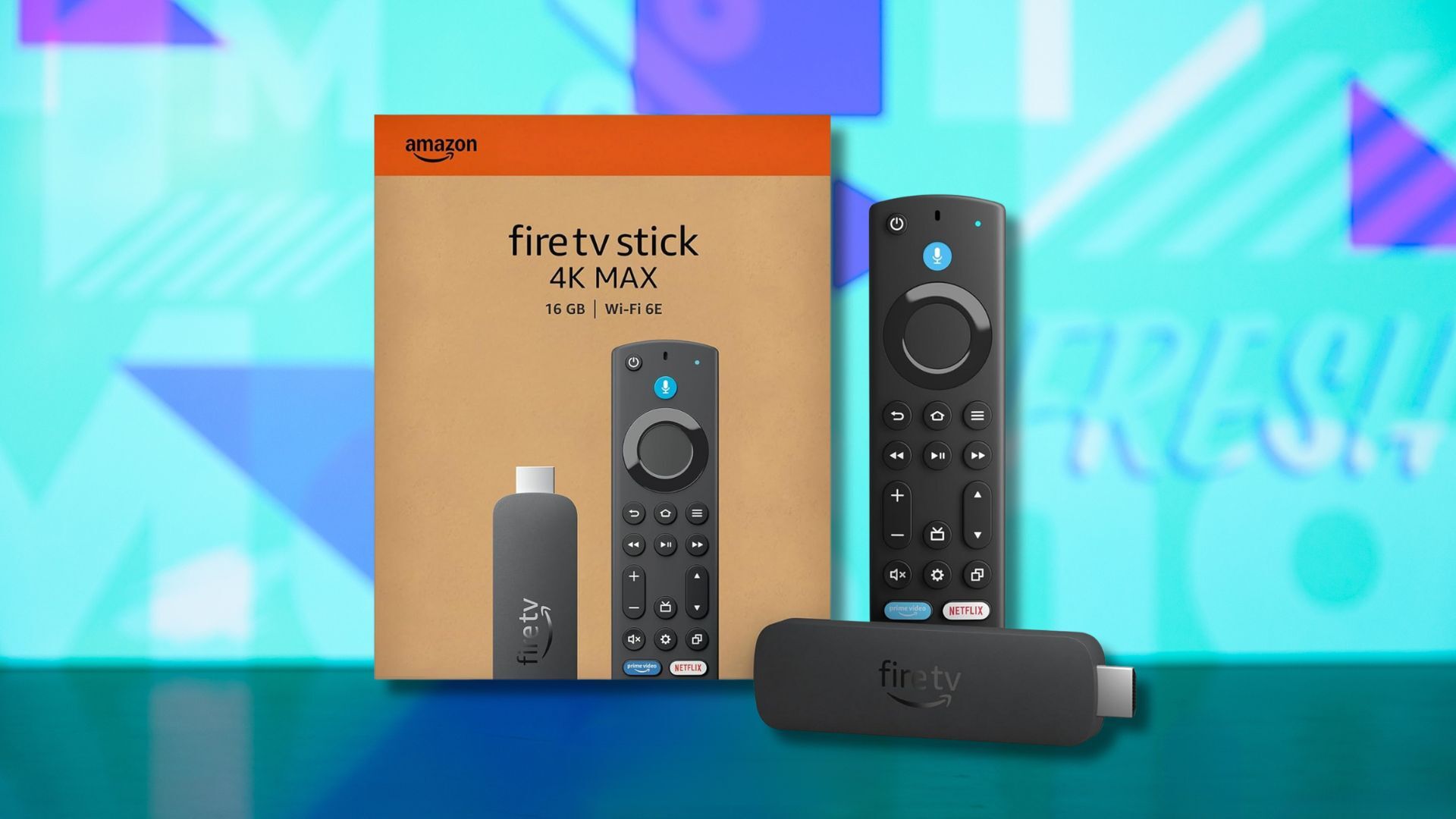 fire tv stick 4k max and box against a light blue patterned background