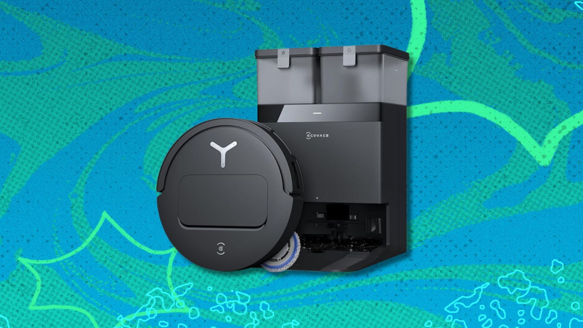 the ecovacs deebot t50 pro omni robot vacuum and mop on a blue background