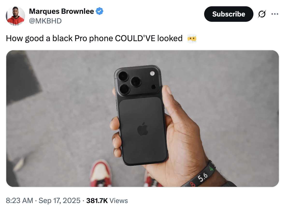 Marques Brownlee @MKBHD shows off a black iPhone 17 Pro in x screenshot