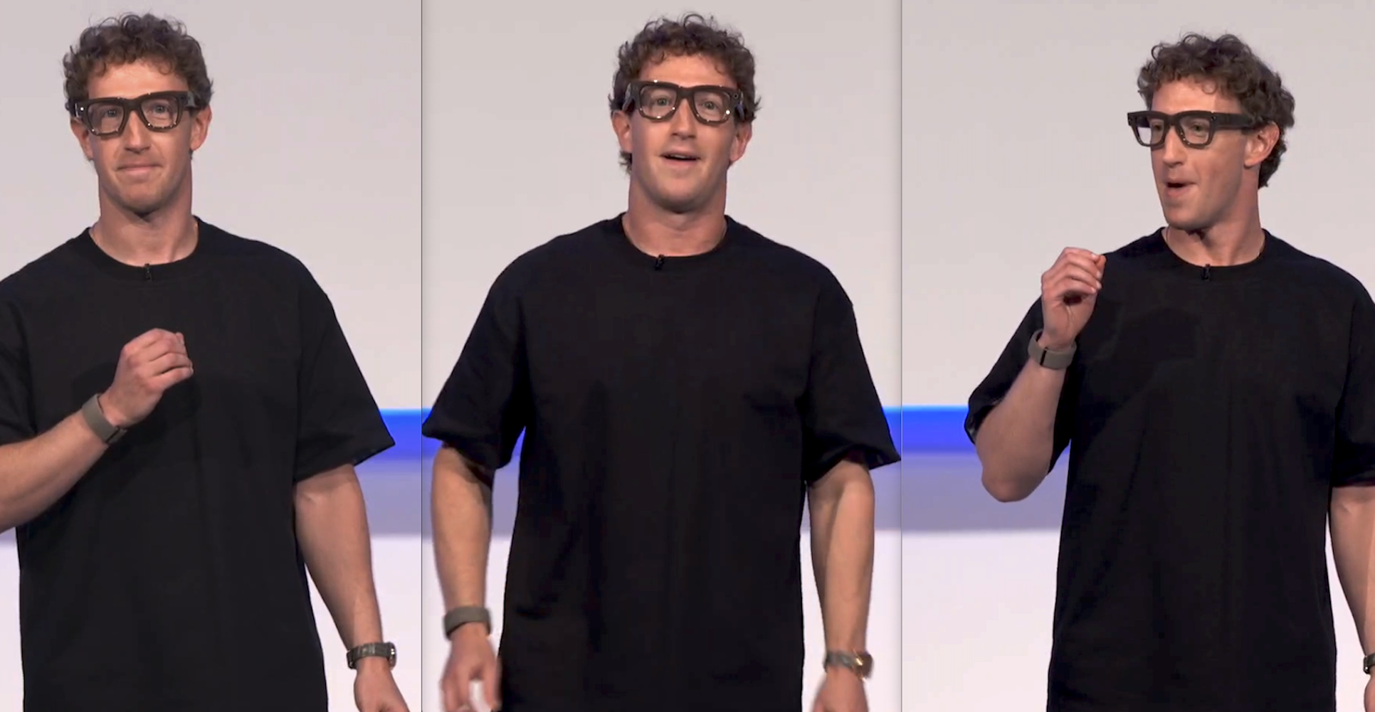 Mark Zuckerberg looking awkward wearing thick glasses, in 3 screenshots. 