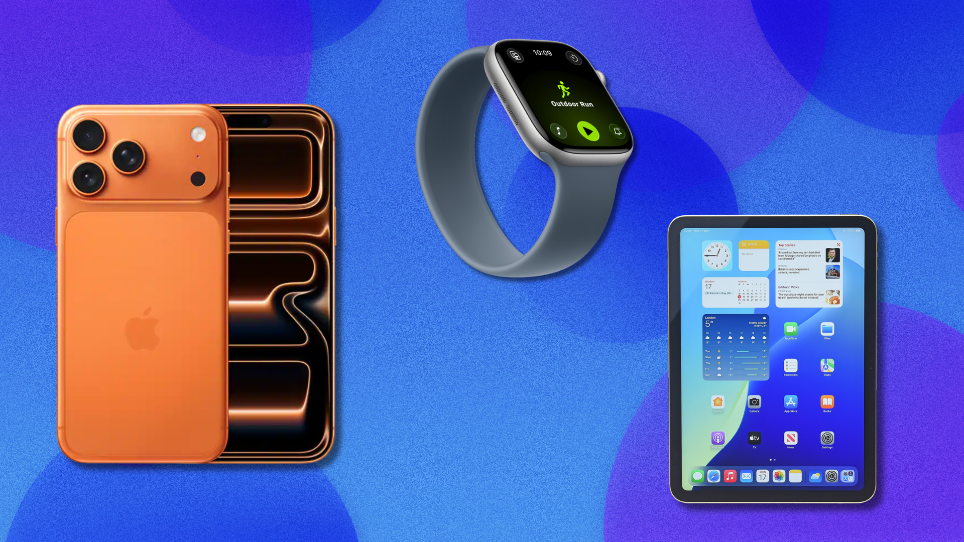 iPhone 17, Apple Watch, and iPad on blue and purple abstract background