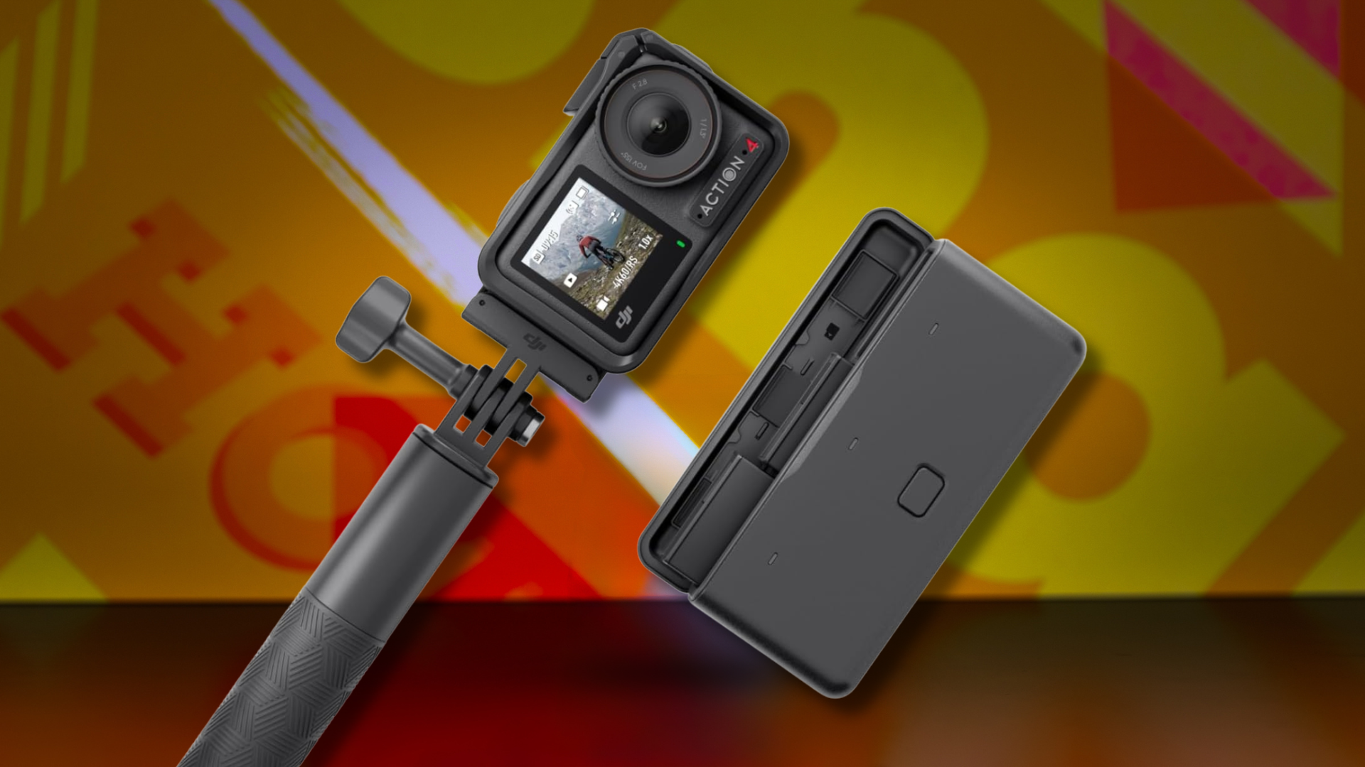A colorful background with a DJI Osmo Action 4 camera on it.