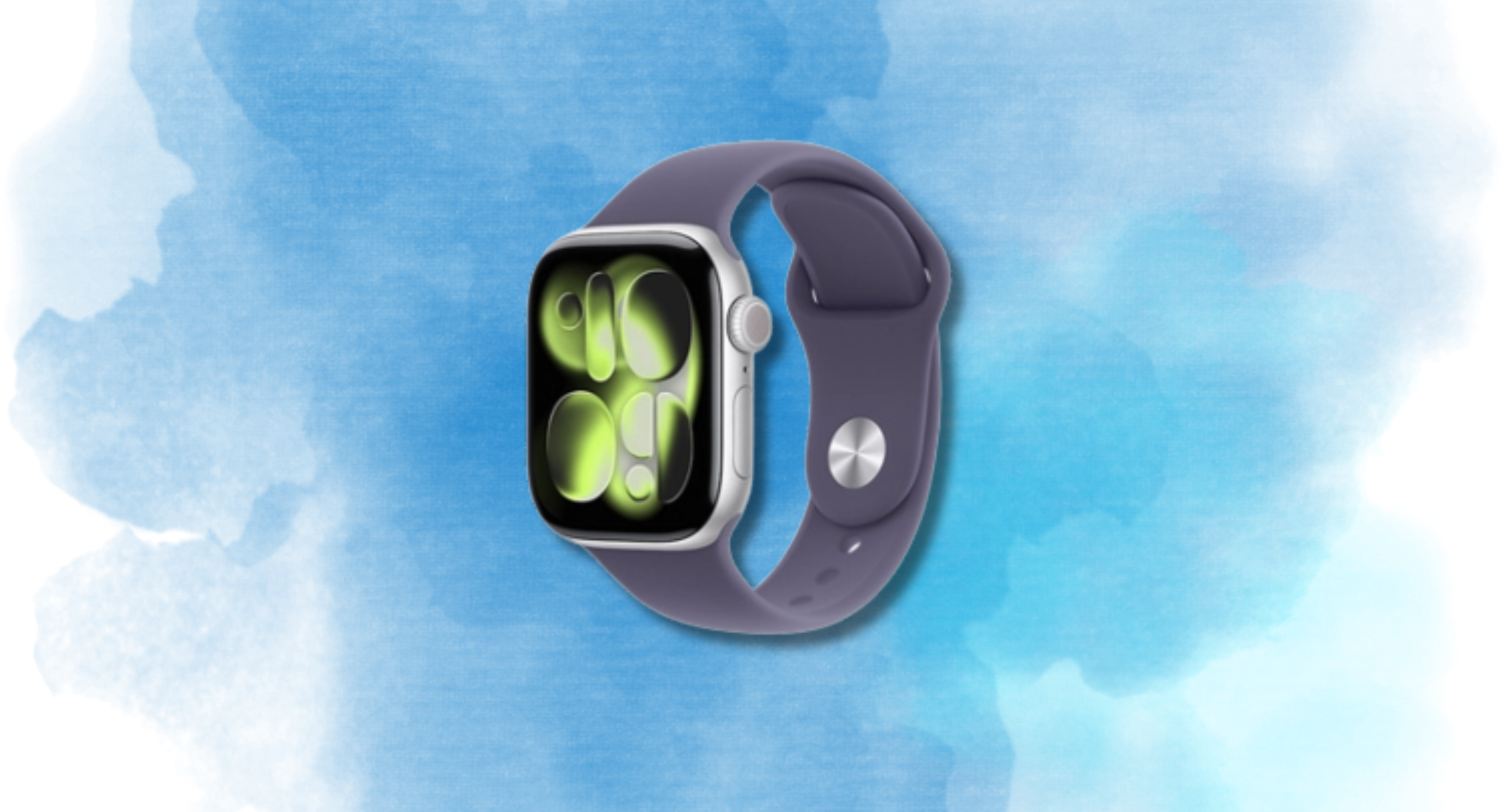 The Apple Watch Series 11 in silver aluminum purple fog sport band against a blue background.
