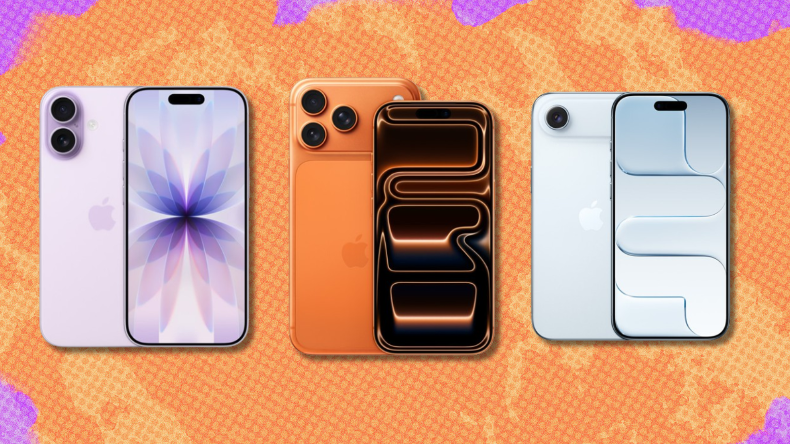 Apple iPhone 17, 17 Pro, and Air with orange and purple background