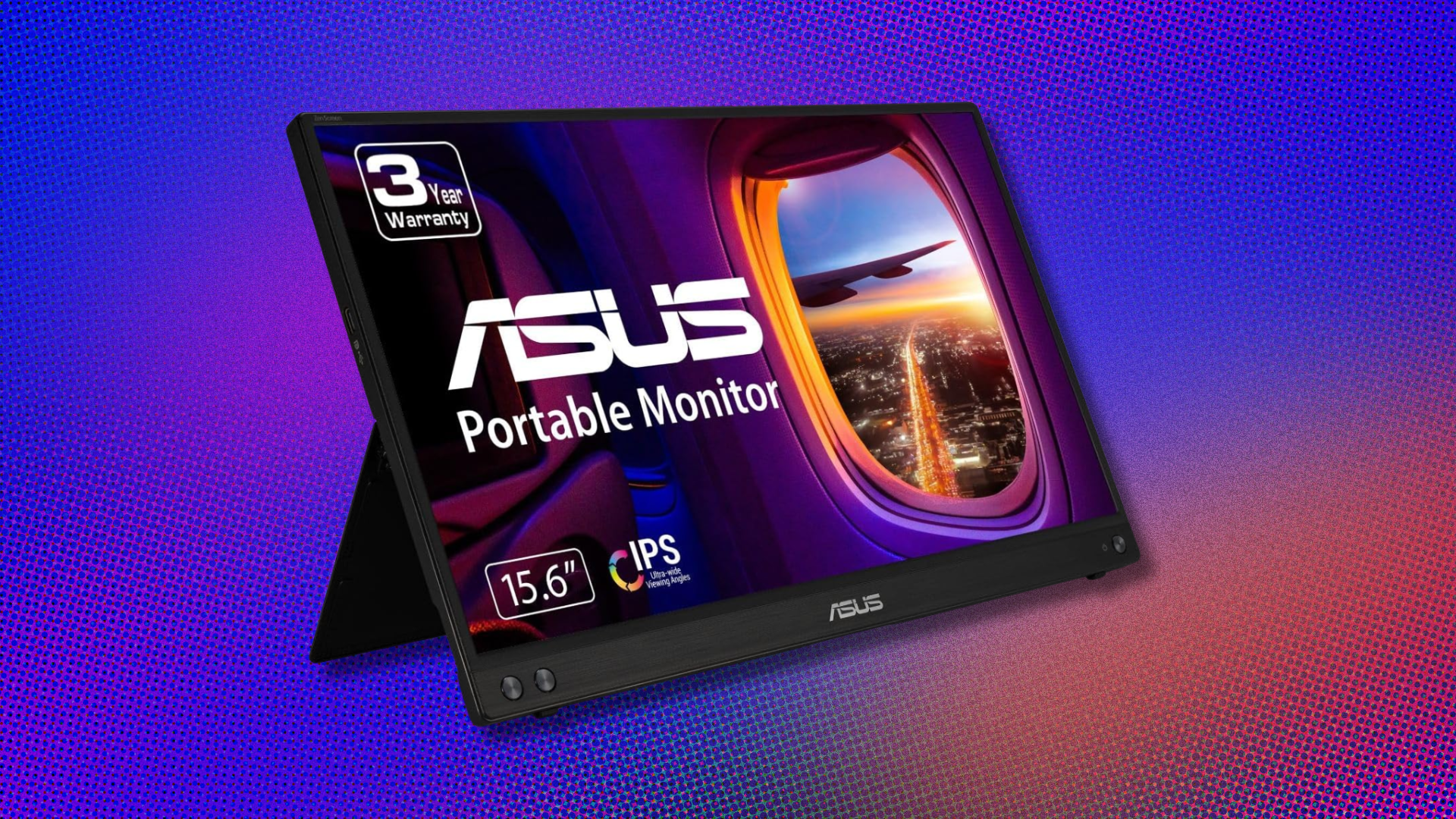 Asus ZenScreen portable monitor on blue and orange abstract background