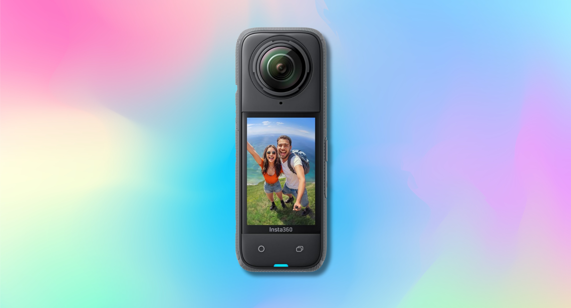 Insta360 X4 against a colorful background. 