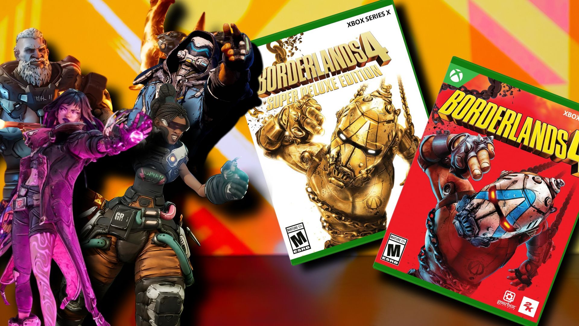 Borderlands 4 vault hunters and game box art on a yellow patterned background
