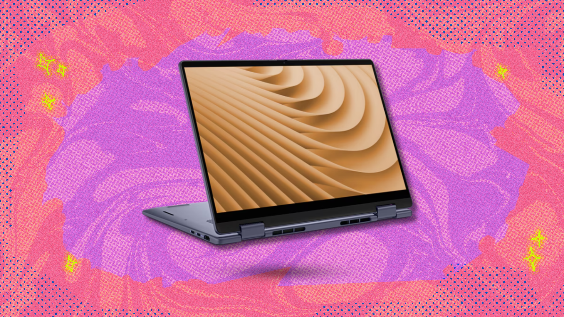 The Dell 14 Plus 2-in-1 on a colorful background