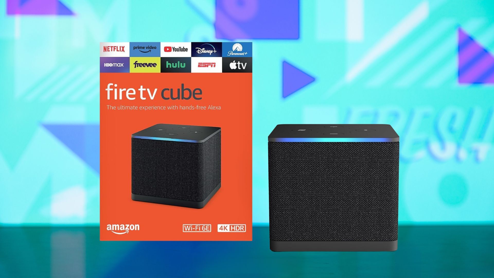 amazon fire tv cube and box against a light blue patterned background