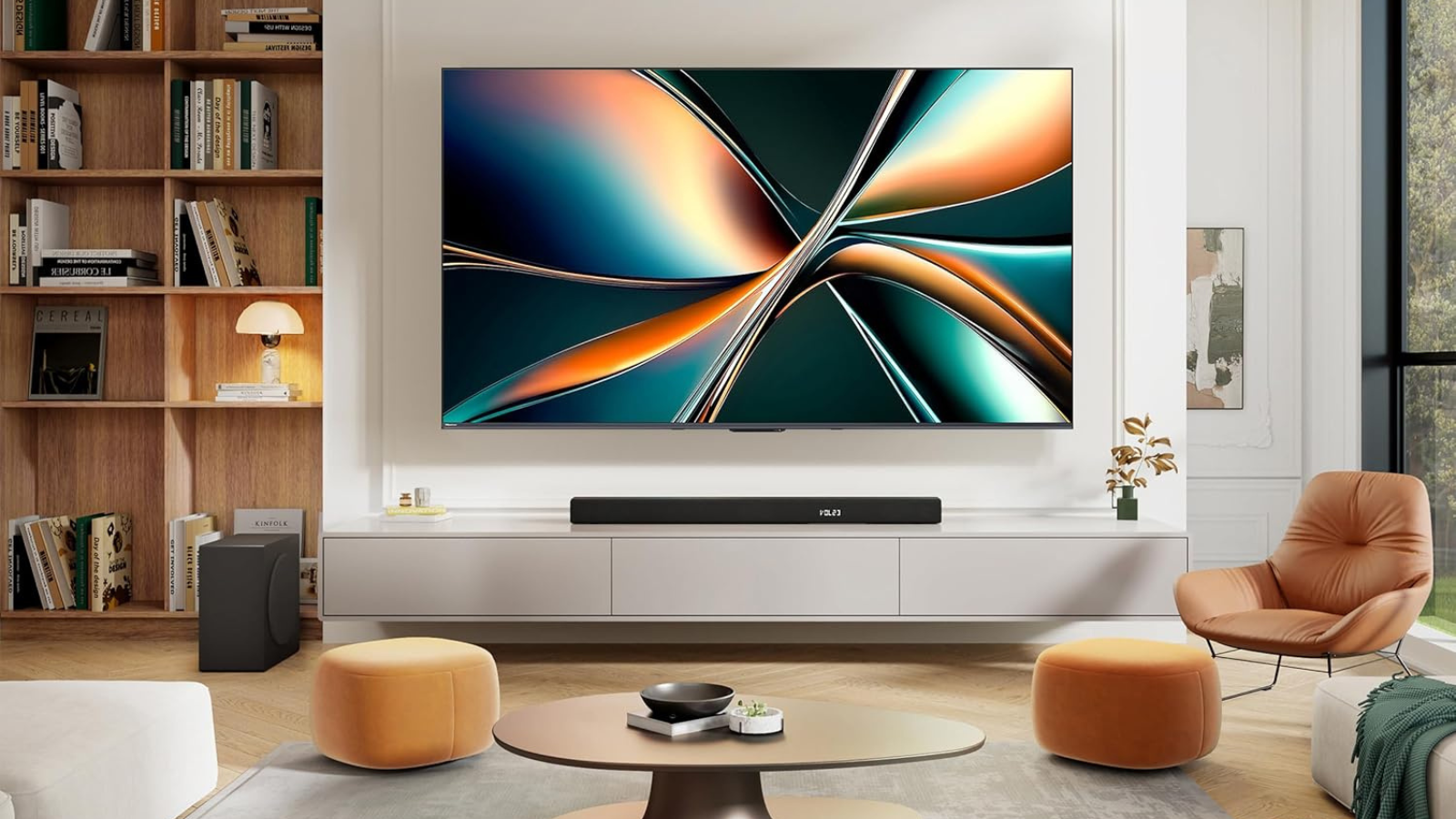 Hisense TV mounted on wall in living room