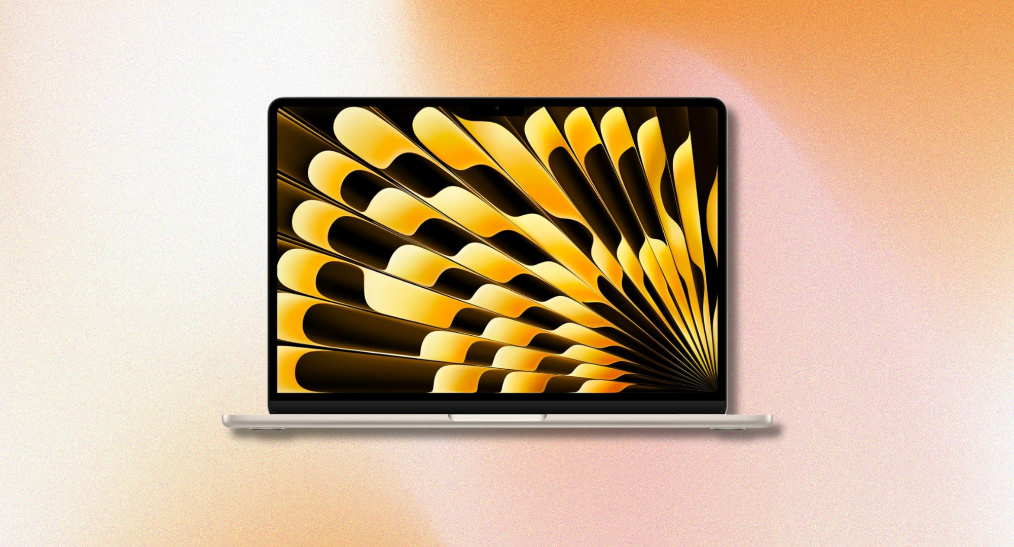 The 13-inch Apple MacBook Air (M4, 16GB RAM, 256GB SSD) against an orange background.