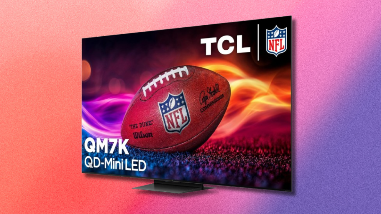 TCL QM7K TV with purple and orange background