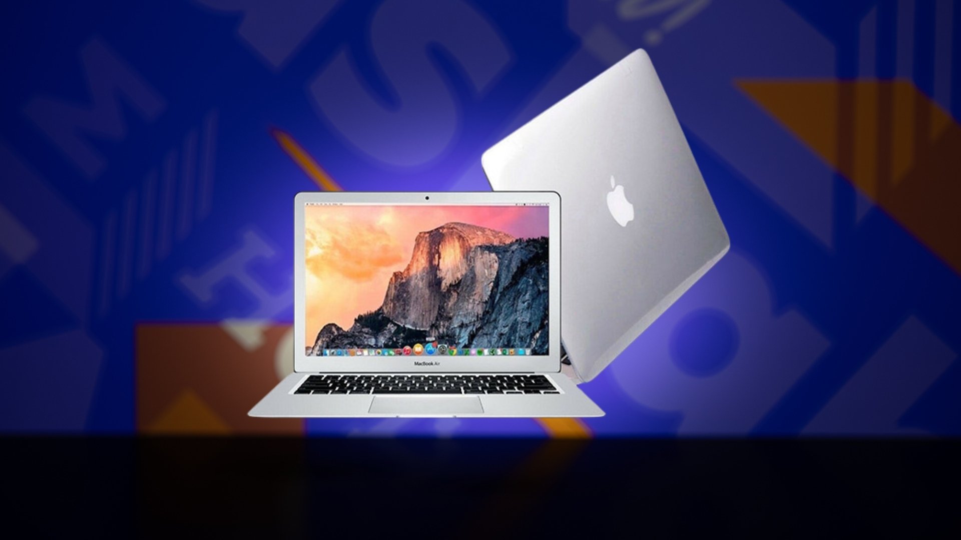 MacBook on blue background