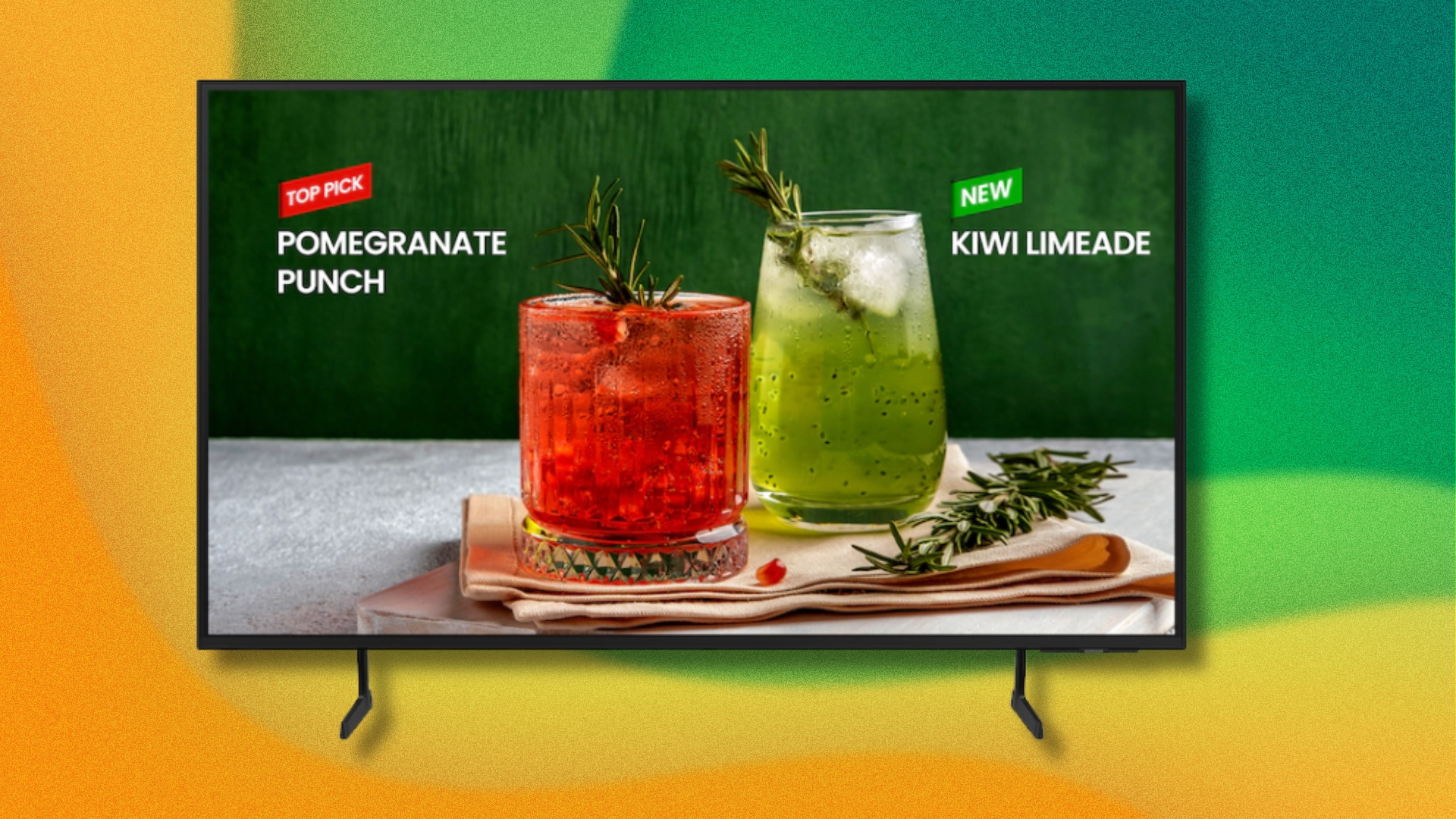 Samsung 85-inch Crystal UHD 4K Bed-H Series TV on green and yellow abstract background
