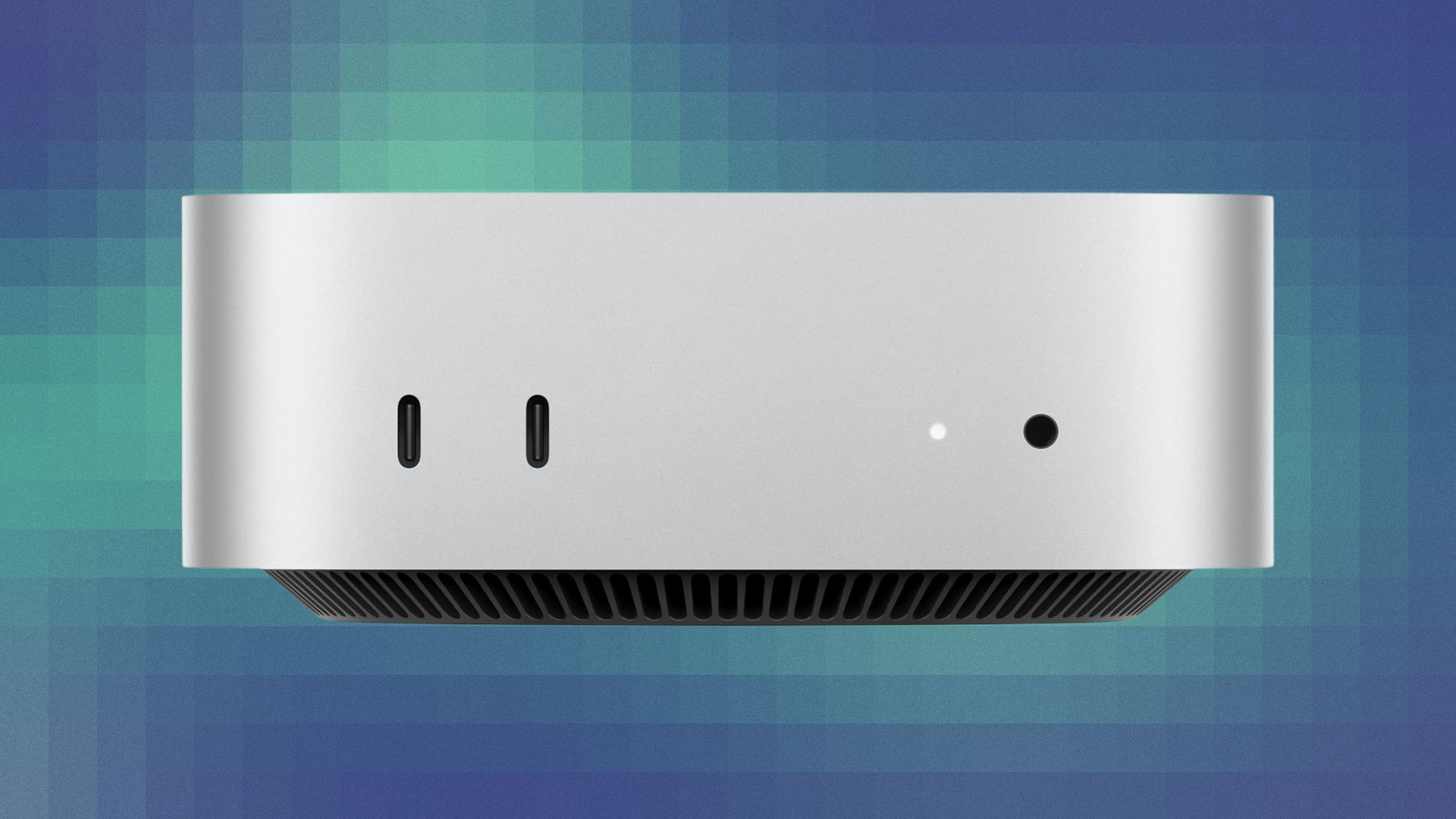 M4 Mac mini on teal and green abstract background