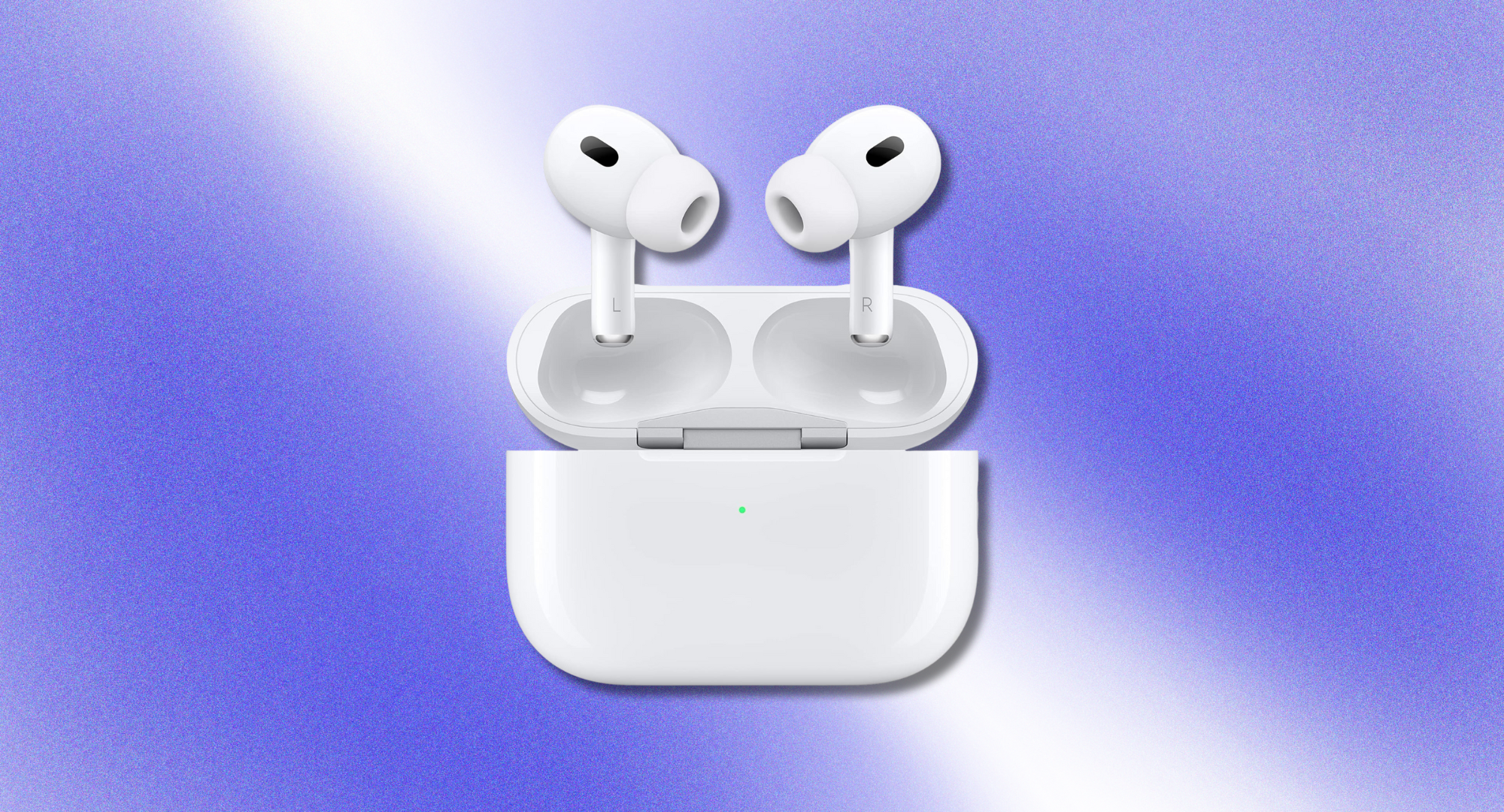 The AirPods Pro (2nd gen) with charging case against a blue background.