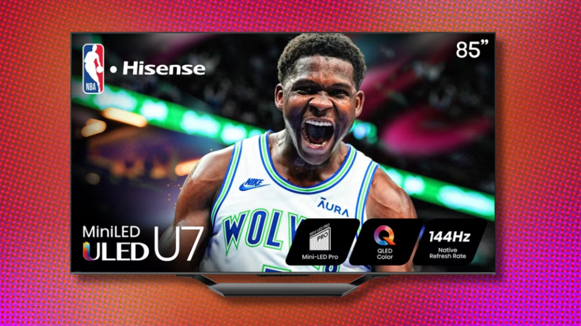 Hisense U7 85-inch 4K TV on red and orange abstract background