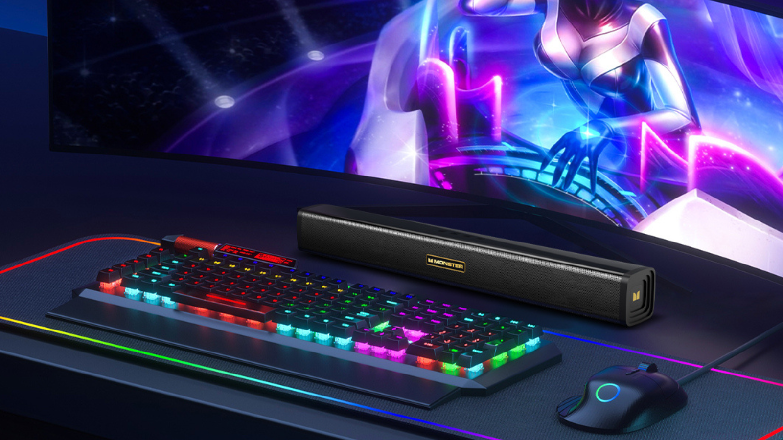 Monster s220 soundbar with gaming monitor and keyboard