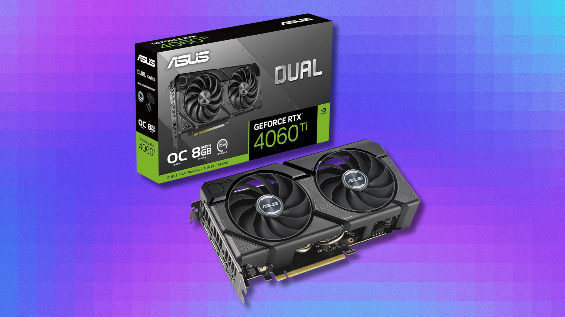 Asus Dual Nvidia GeForce RTX 4060 OC Edition on pink and blue abstract background