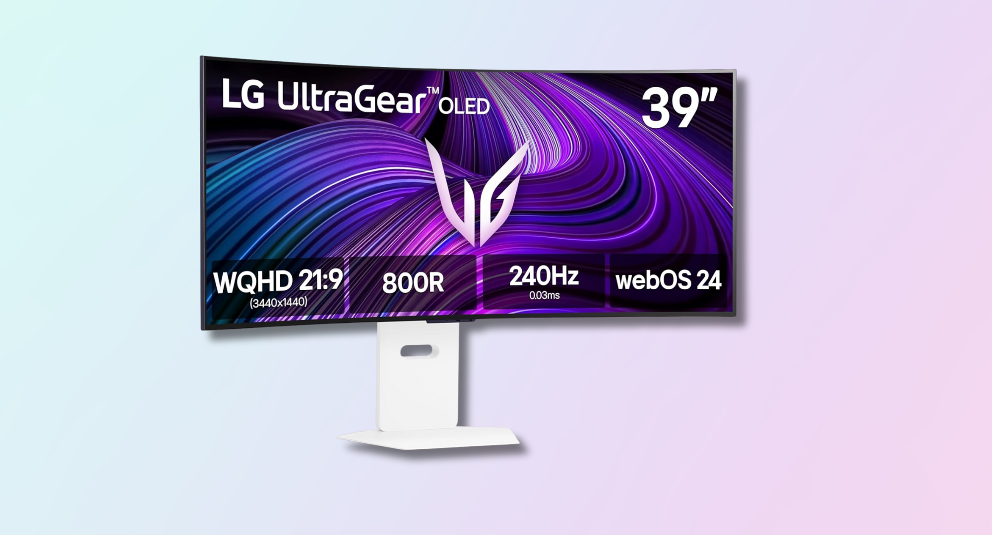 The LG 39-inch Ultragear gaming monitor against a purple and blue background.