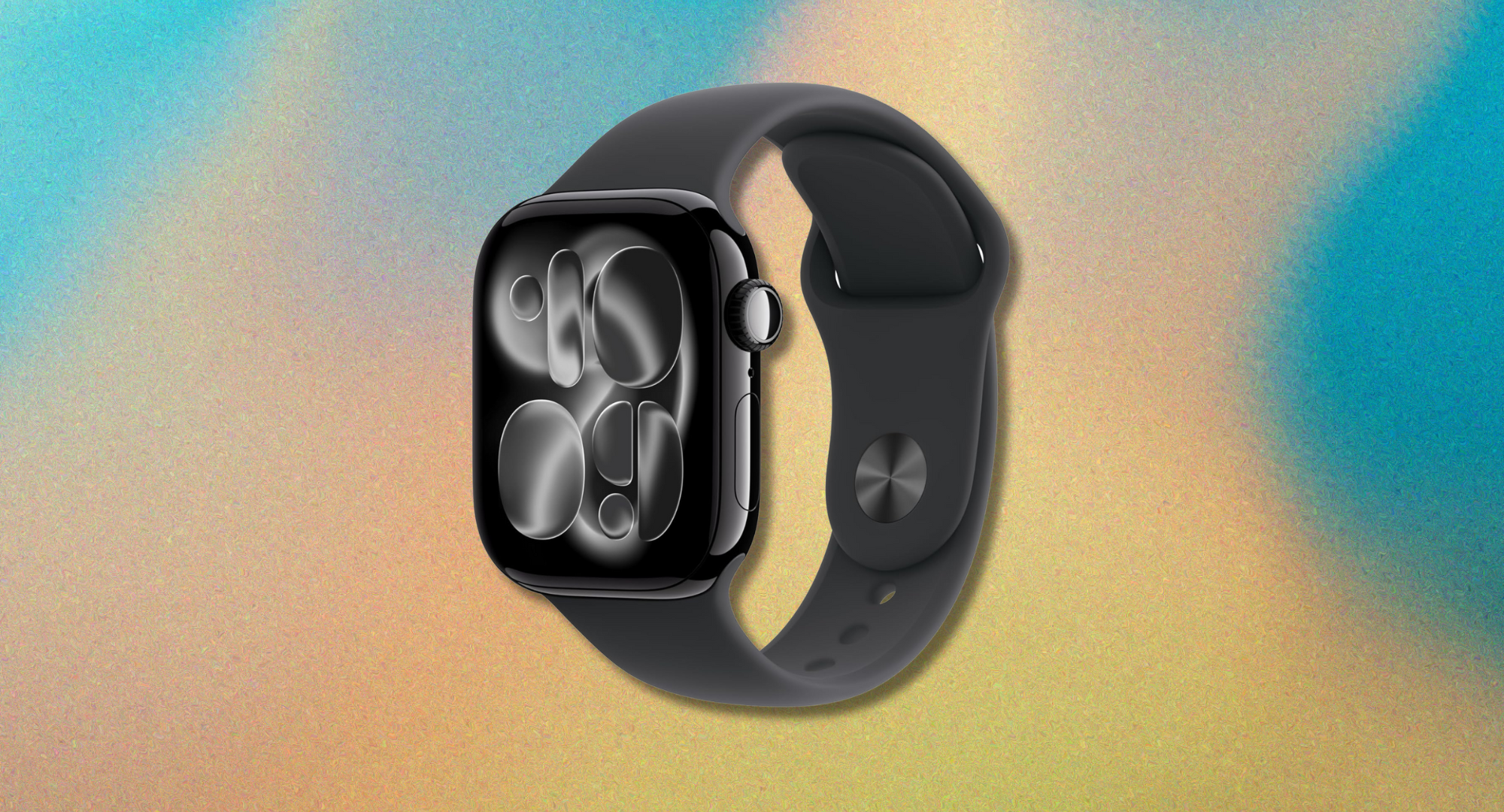 The Apple Watch 11 series against a blue and yellow grainy background.
