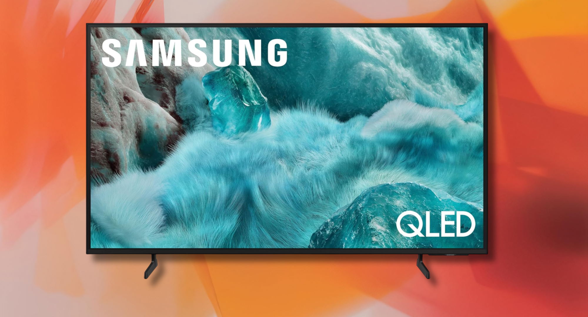 The 65-inch Samsung AI-powered TV against an orange background.