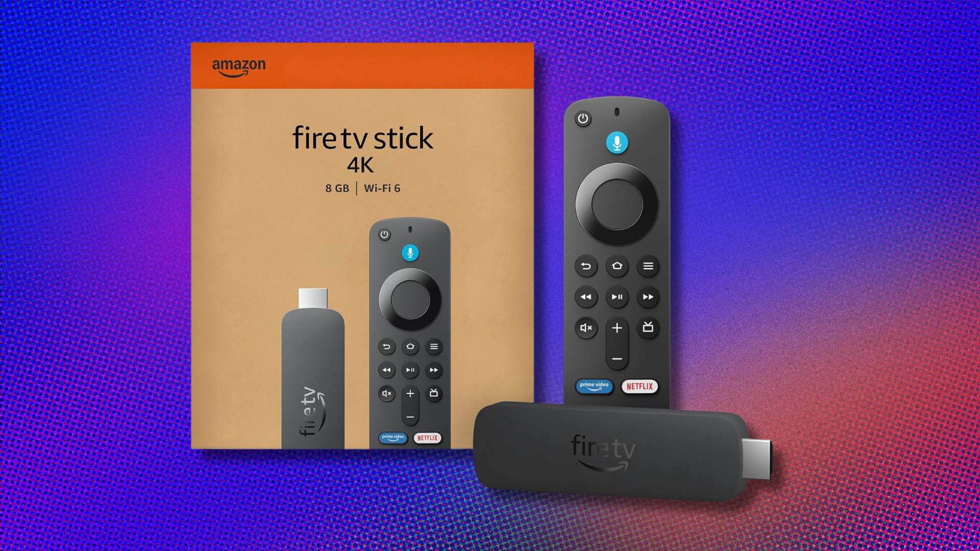 Amazon Fire TV Stick 4K on blue and orange abstract background