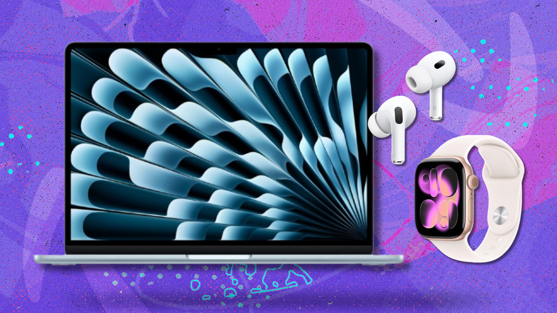 the 13-inch m4 apple macbook air, airpods pro 2, and apple watch series 11 against a purple background