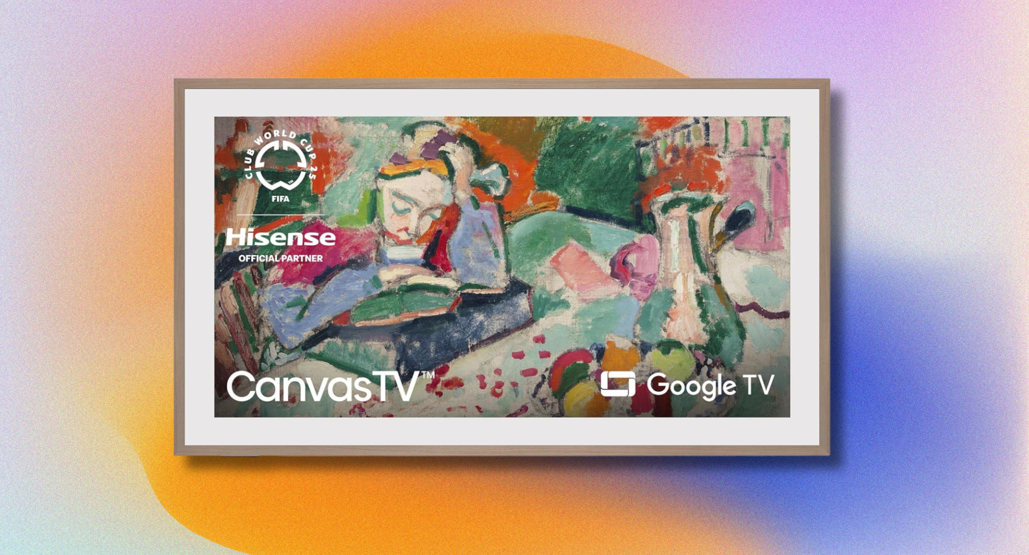 The Hisense 55-inch Class QLED 4K CanvasTV Series (55S7N) against a colorful background.