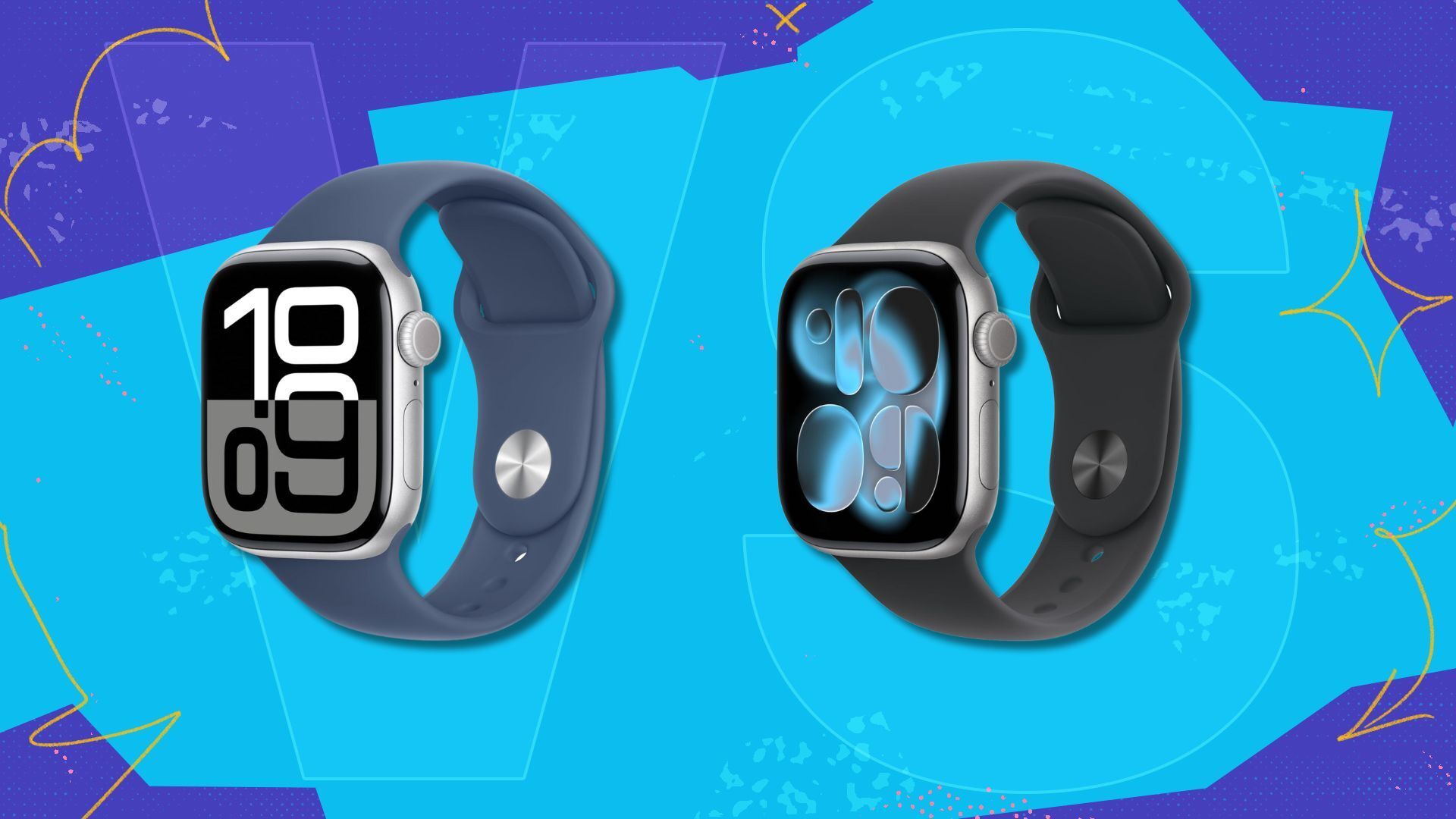 Two apple watches displayed in front of a purple and blue background