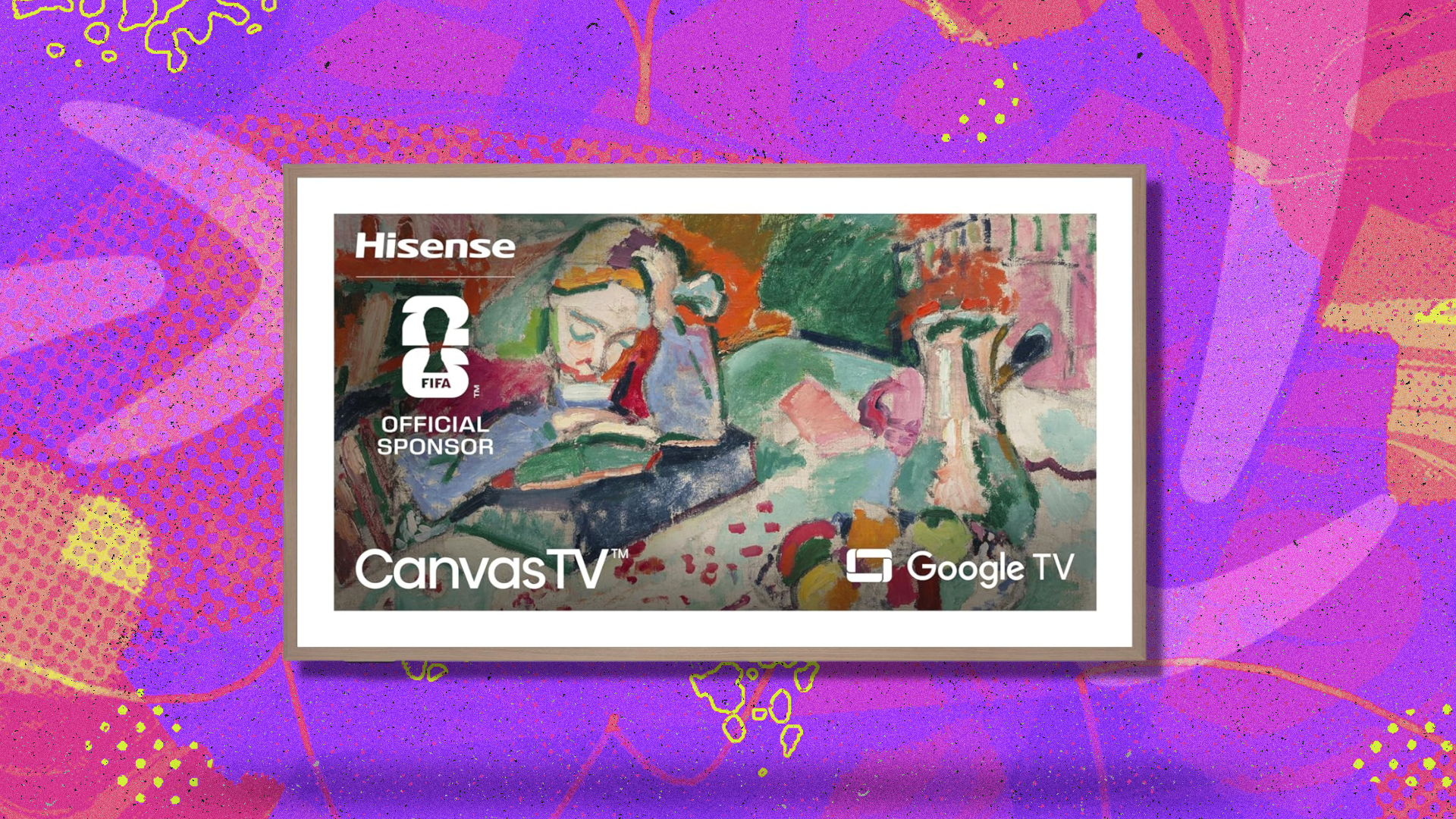Hisense Canvas TV arranged on purple, pink, and yellow backdrop