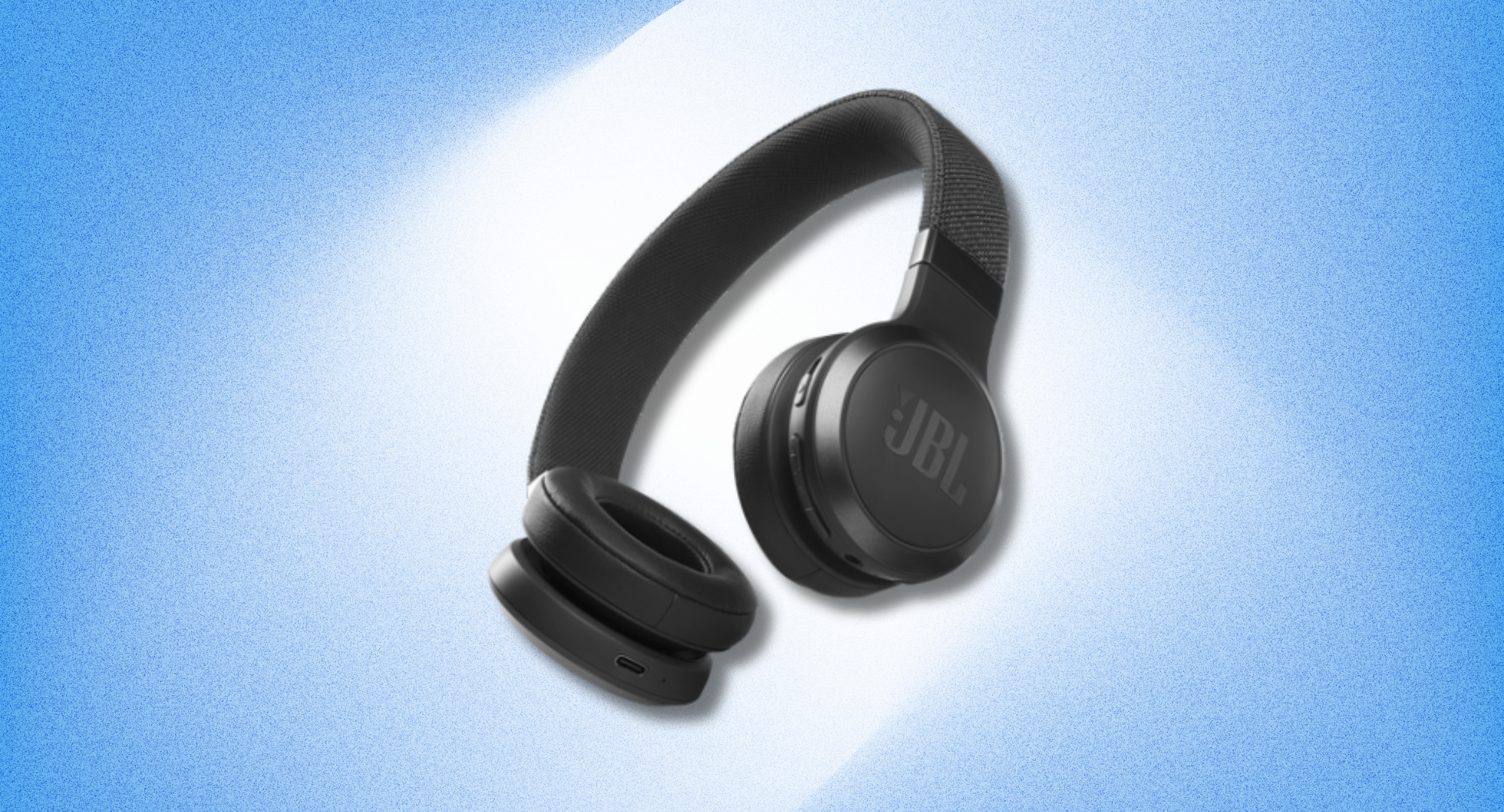 The JBL Live 460NC headphones against a blue background.