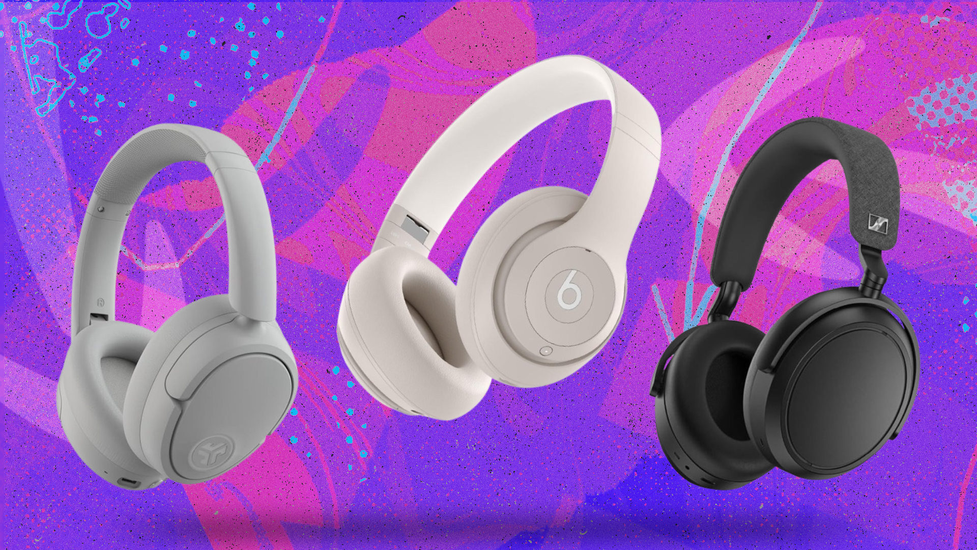 three pairs of headphones on pink and purple graphic background