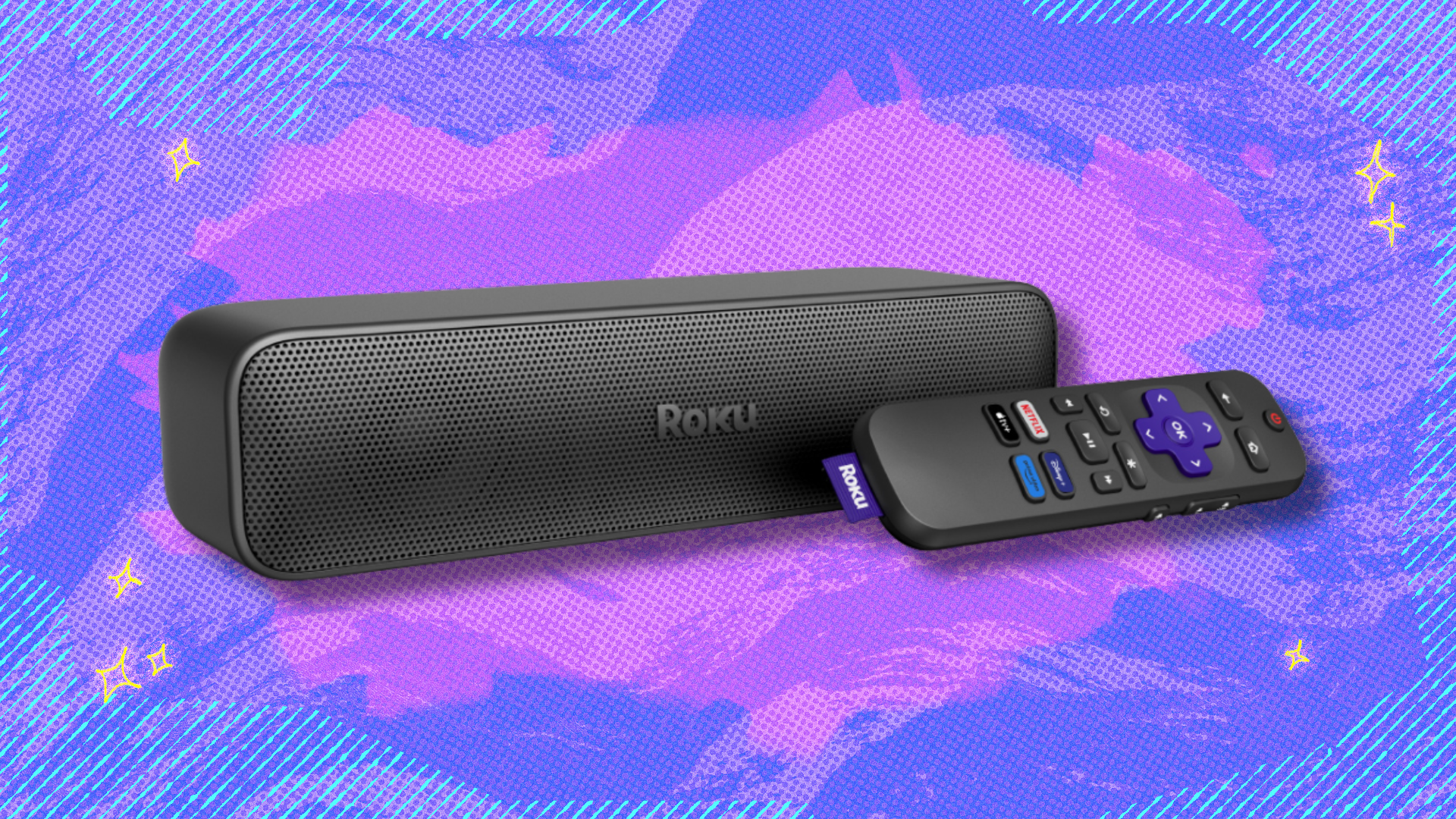 roku streambar se and remote on purple background