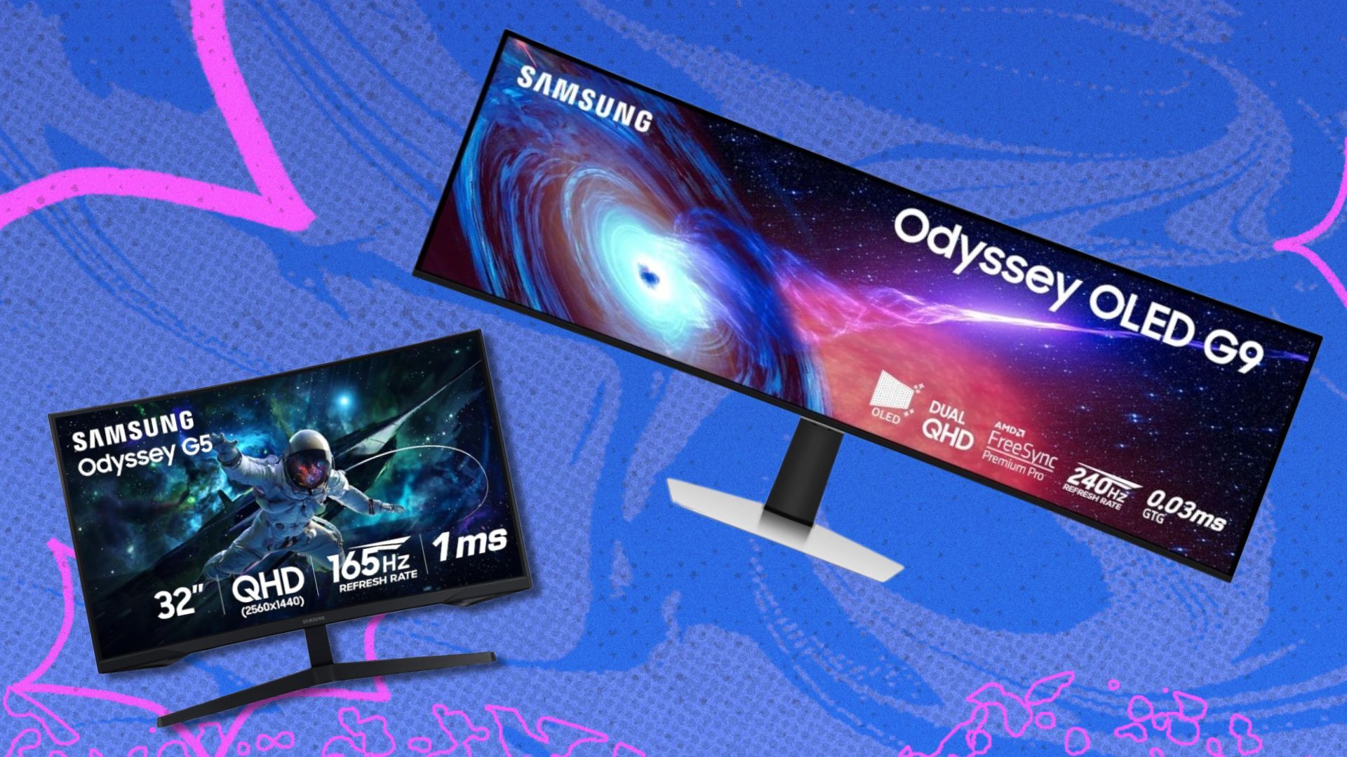 two curved Samsung gaming monitors on a blue and pink background