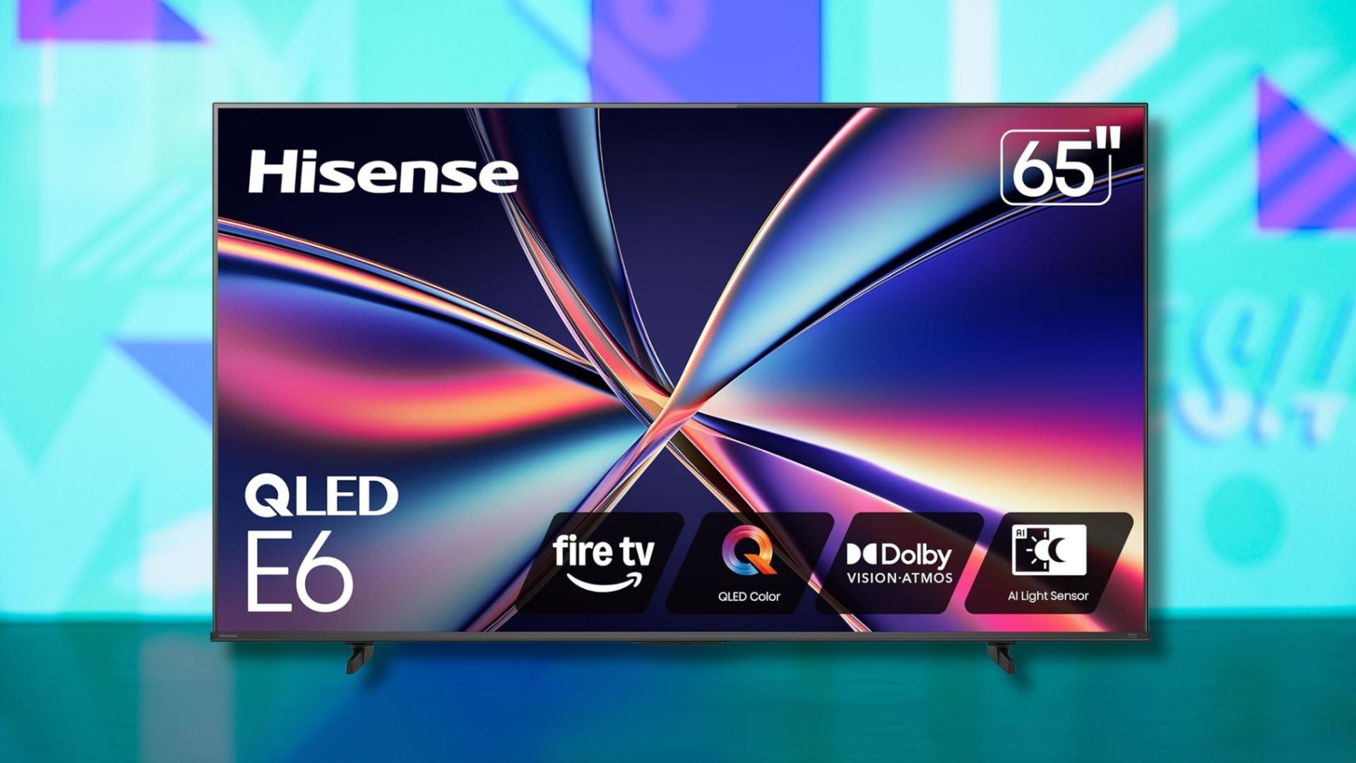 hisense 65-inch e6 cinema series qled 4k tv against a light blue patterned background