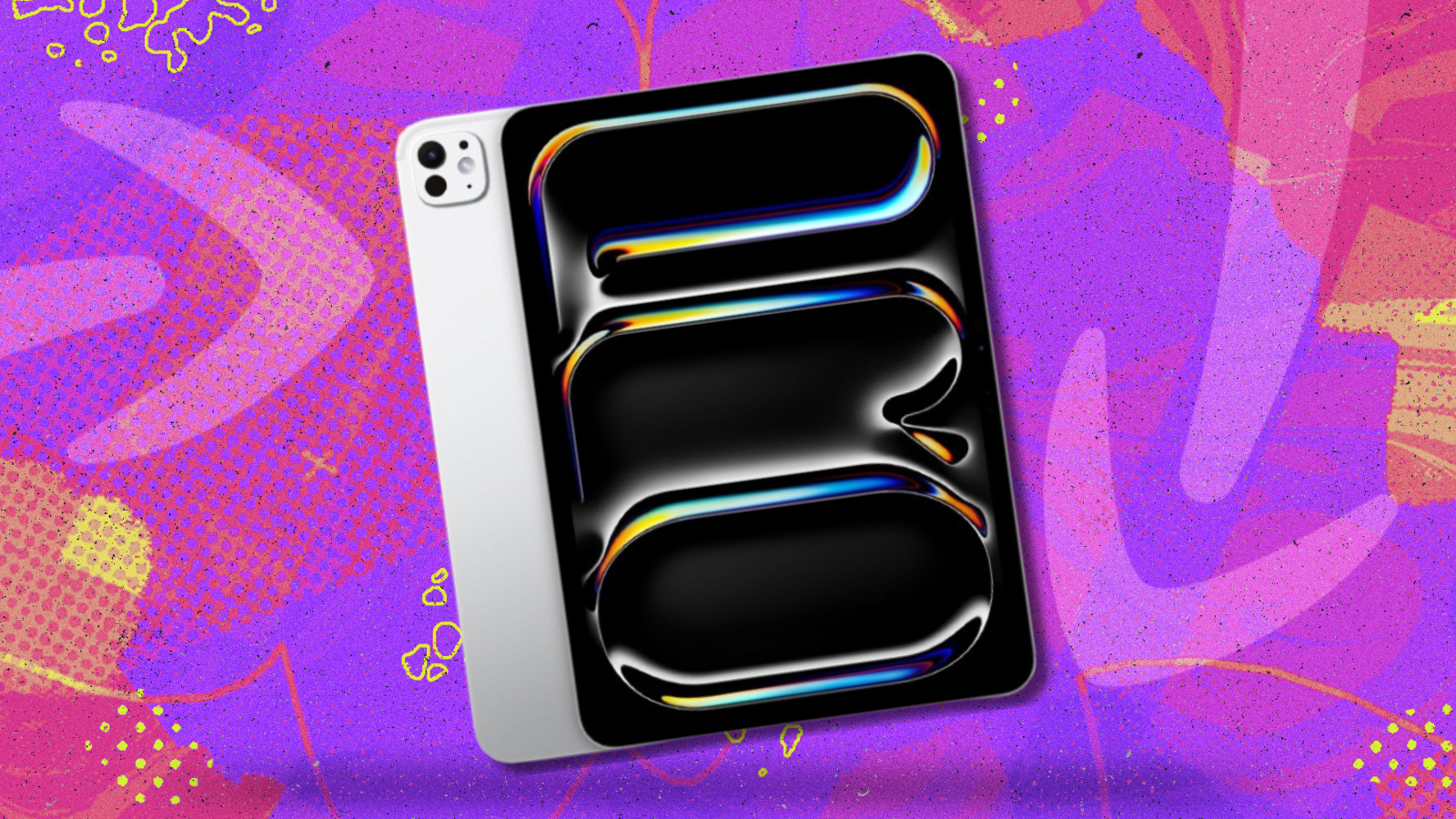 Apple M4 iPad Pro with pink, yellow, and purple background