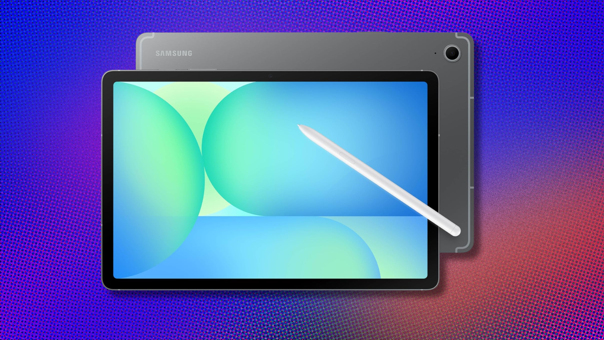 Samsung Galaxy Tab S10 FE on blue and orange abstract background