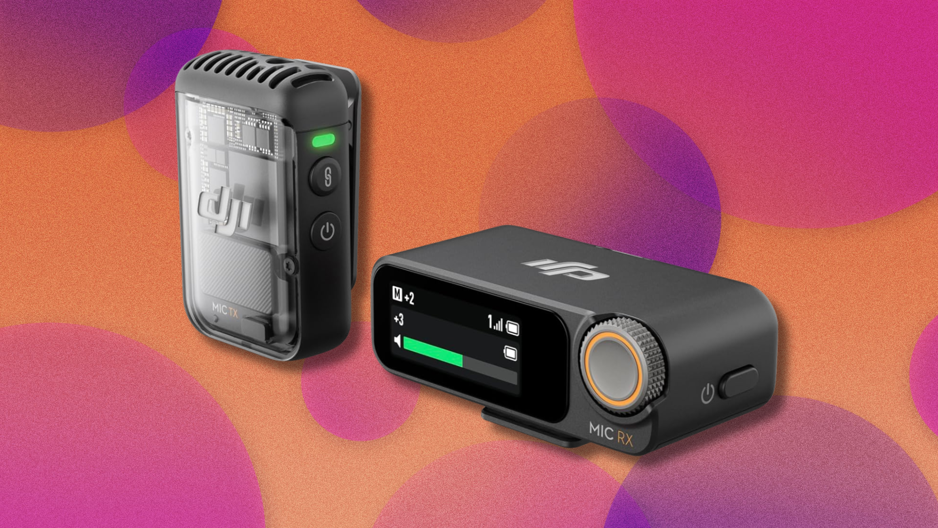 DJI Mic 2 on orange and purple abstract background