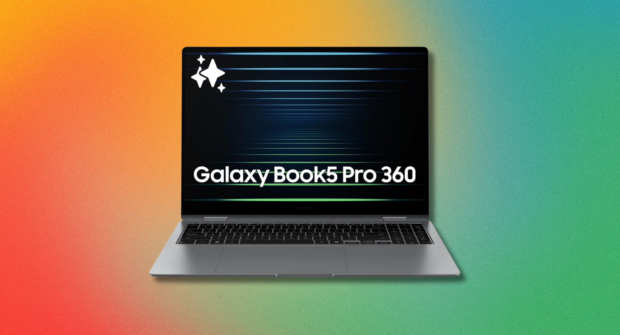 The Samsung Galaxy Book5 Pro against a colorful red, yellow, blue, and green background. 