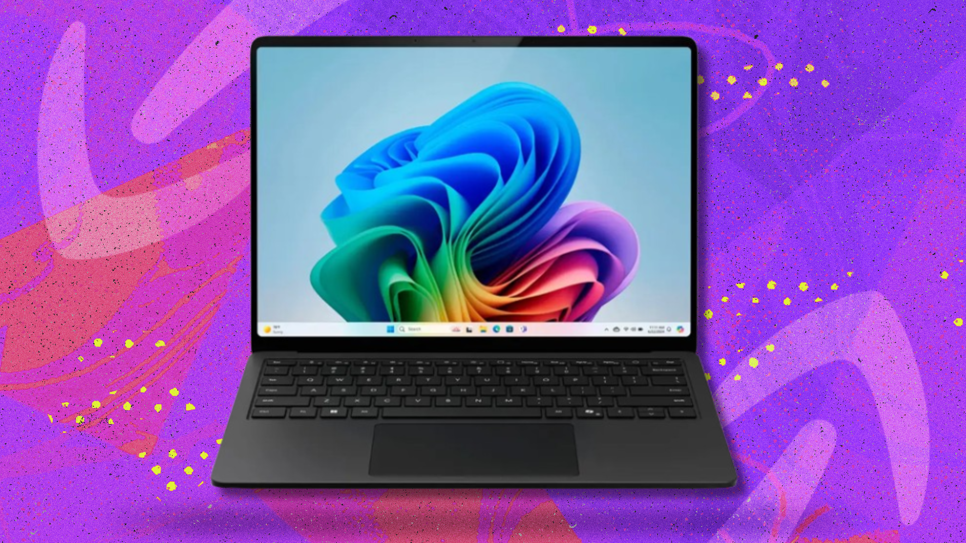 a microsoft surface laptop 7 against a pink and purple background
