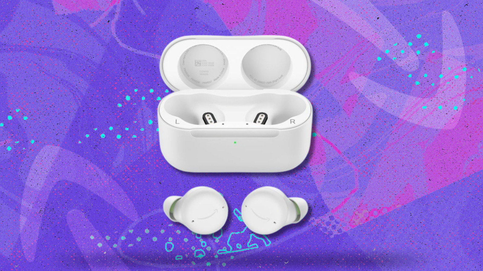 Amazon Echo Buds in white with charging case on purple background